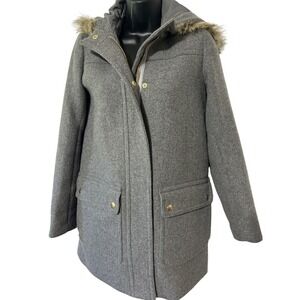 J.Crew Mercantile Gray Wool Blend Coat Hooded Faux Fur‎ Trim Winter Size 00